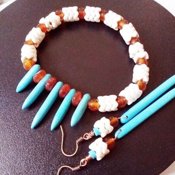 Coastal Cowgirl! Beaded Bracelet + 3" Earring Set: Howlite Spikes + Agate Beads - Picture 1 of 13